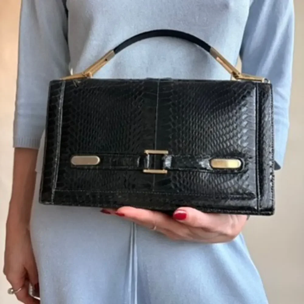 1940s/50s Black Snakeskin Bag - Gold Hardware, Suede Interior, 3 Sections